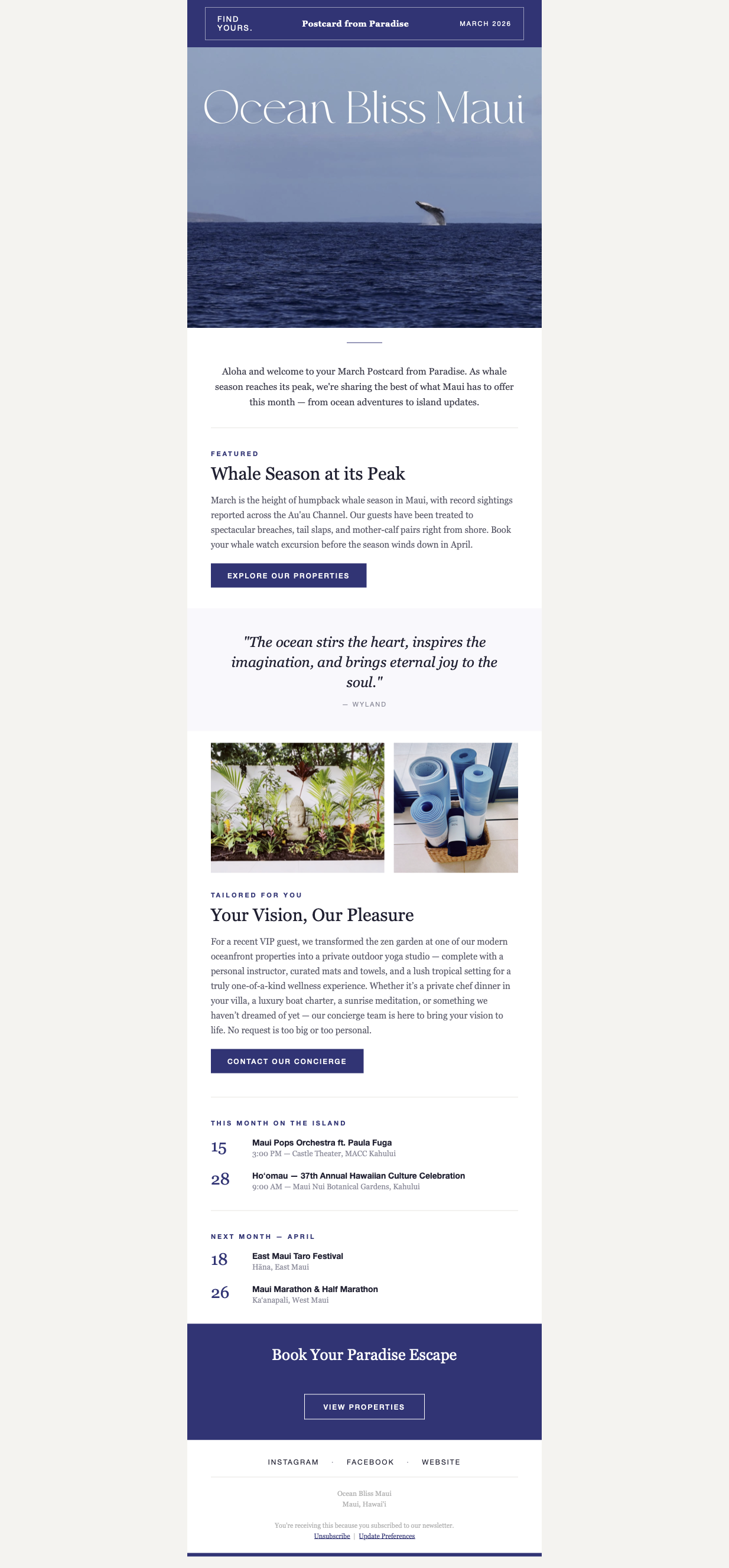 Ocean Bliss Maui 'Postcard from Paradise' custom HTML email newsletter design