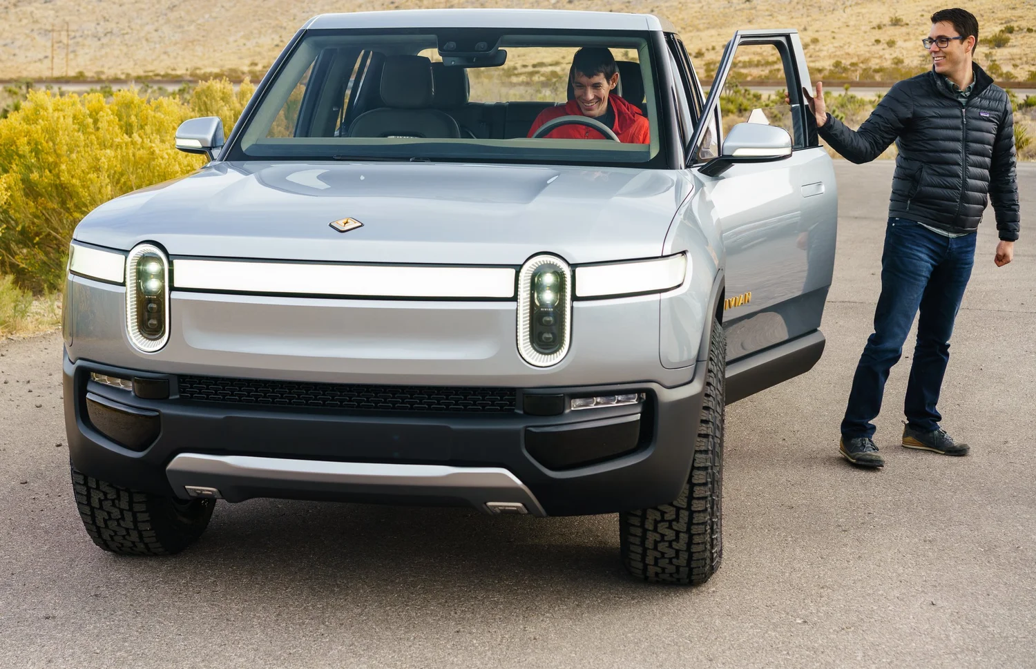 Alex Honnold in the Rivian R1T with Rivian CEO RJ Scaringe