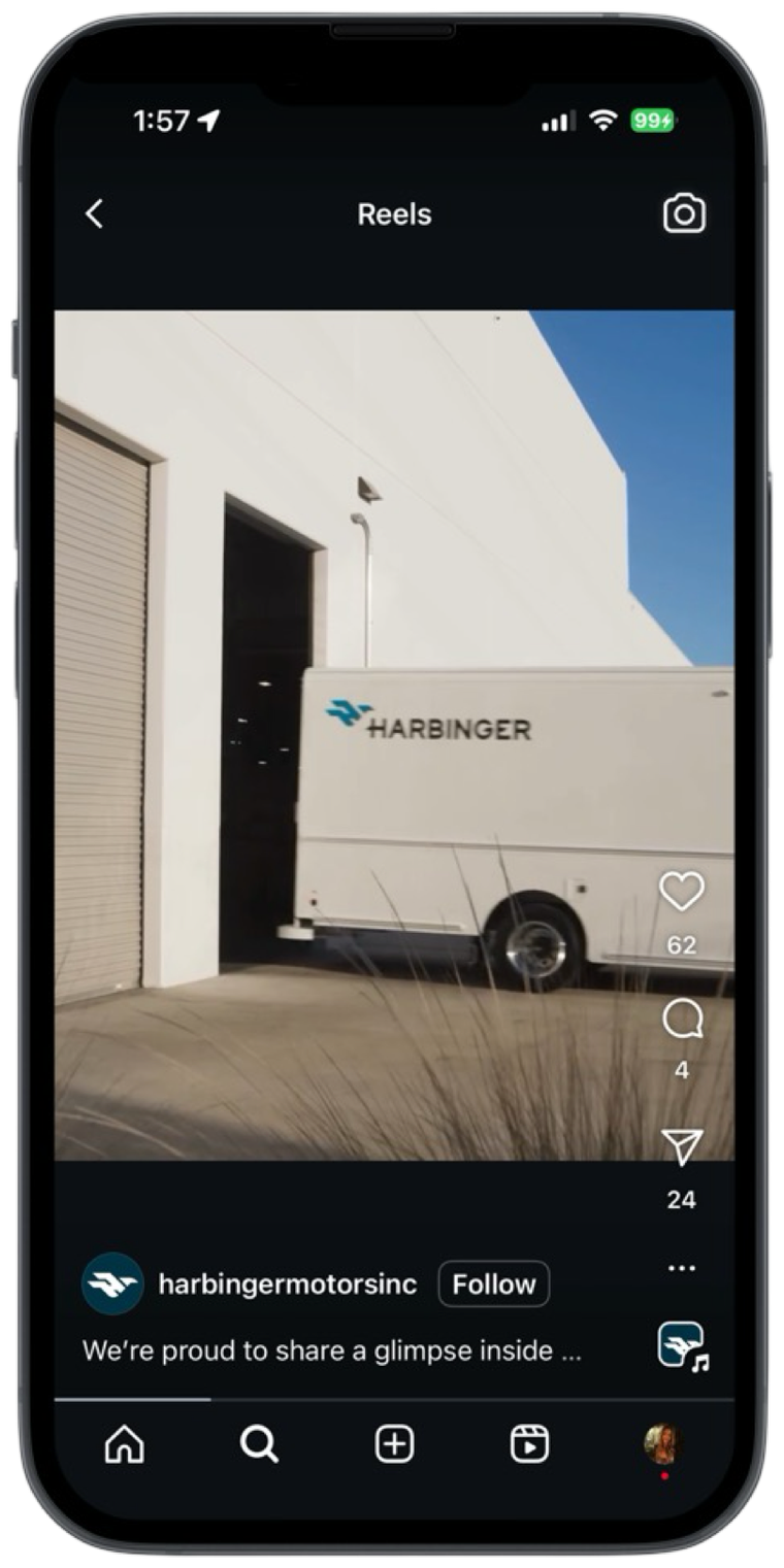 Harbinger Motors Instagram reel on a phone