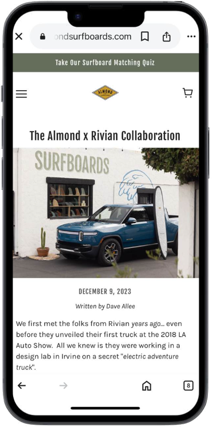 The Almond x Rivian Collaboration article on almondsurfboards.com