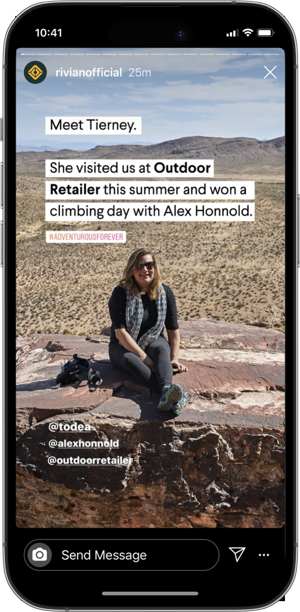 Rivian Instagram story: Meet Tierney, contest winner who won a climbing day with Alex Honnold