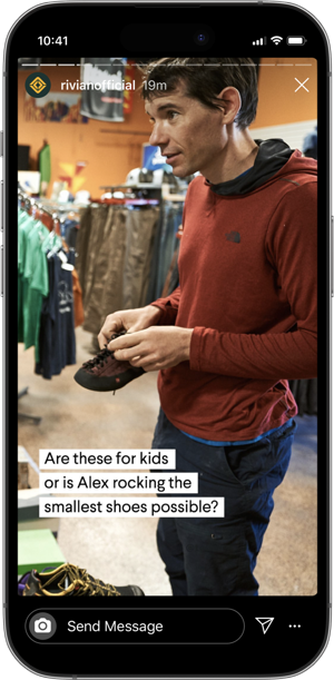 Rivian Instagram story: Alex Honnold fitting climbing shoes