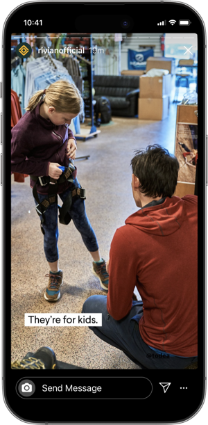 Rivian Instagram story: Alex Honnold helping kids gear up