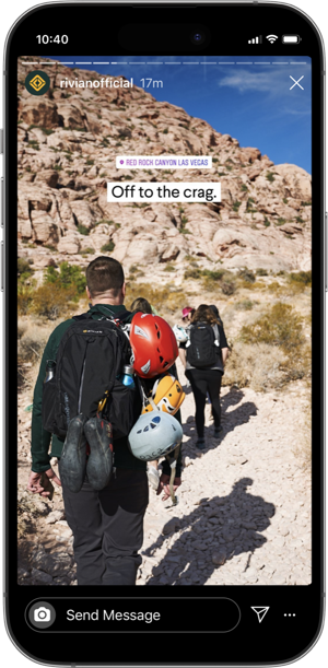Rivian Instagram story: Off to the crag