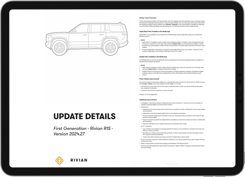 Rivian R1S software update details on a tablet