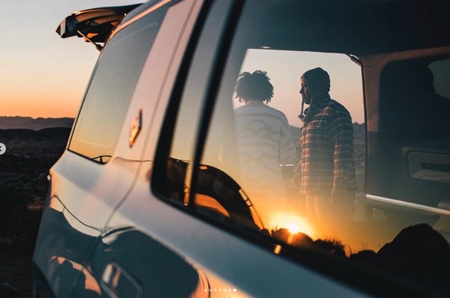 Sunset reflected in the Rivian window