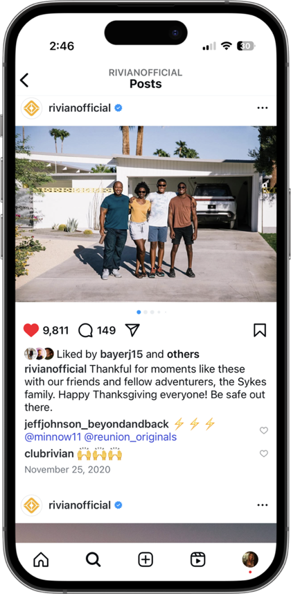 Rivian Instagram post featuring the Sykes family