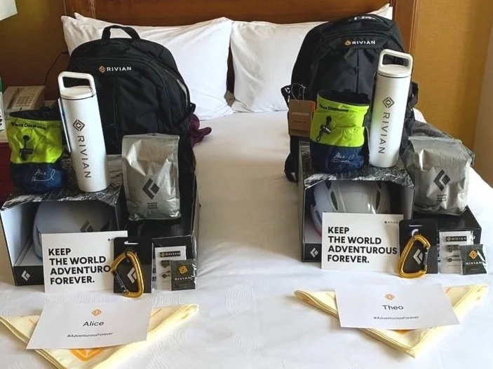 Rivian branded climbing gear kits for contest winners